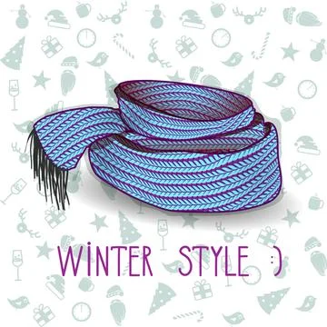 Vector twisted blue knitted scarf. White and turquoise seamless pattern Stock Illustration
