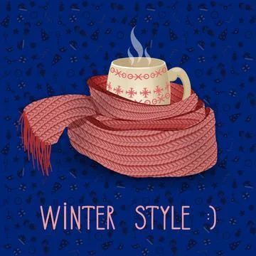 Vector twisted pink knitted scarf. Dark blue seamless pattern background Stock Illustration