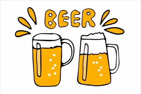 Vector Two beer mugs. Doodle illustration with handwritten lettering text Beer Stock Illustration