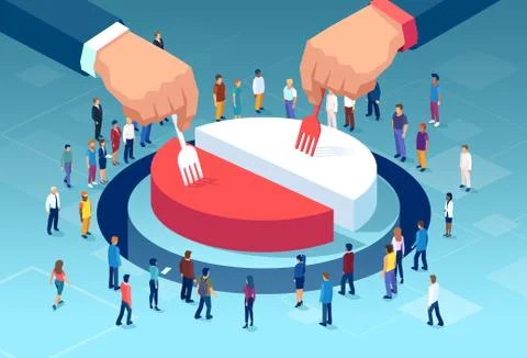 Vector of two big business men dividing financial pie chart, profits with peo Stock Illustration