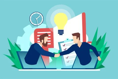 Vector of a two business men communicating online having agreement and shakin Stock Illustration