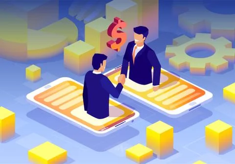 Vector of a two business men handshaking having online deal via mobile app te Stock Illustration