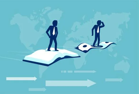 Vector of two businessmen flying on a dollar banknote and an open book Stock Illustration