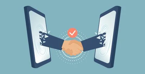 Vector of two businessmen handshaking with hands coming out of mobile phones Stock Illustration