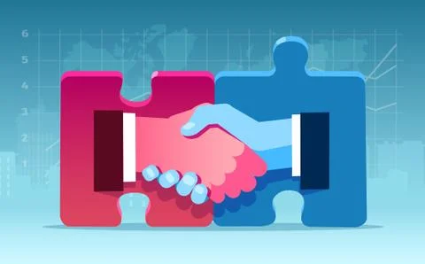 Vector of two businessmen handshaking with handscoming out of puzzle pieces Stock Illustration