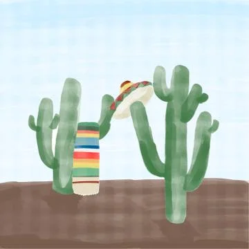 Vector of two Cactus in the middle of the desert with a poncho and a Mexican Stock Illustration