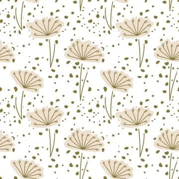Vector two-color seamless pattern. Delicate stylized flowers and seeds scattered Stock Illustration