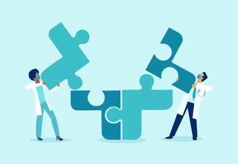 Vector of two doctors putting puzzle pieces together a symbol of team work an Stock Illustration