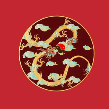 Vector two dragon vectors are occupying a crystal ball on a cloud background. Stock Illustration