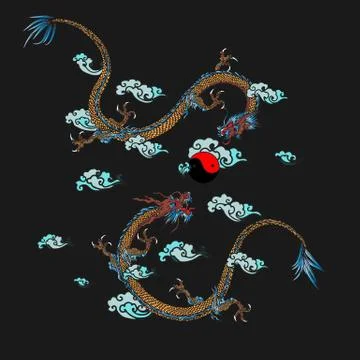 Vector two dragons are taking over the crystal ball on the cloud background. Stock Illustration