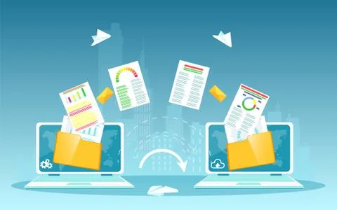 Vector of two laptops and financial file transfer process Stock Illustration