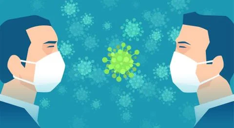Vector of a two men in medical face masks looking at each other with Coronavi Stock Illustration
