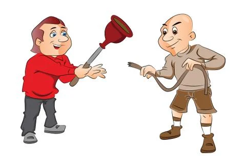 Vector of two men with plunger and a hose. Stock Illustration