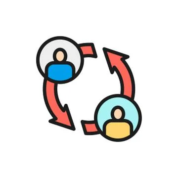 Vector two people with arrows, employee replacement flat color line icon. Illustrazione stock