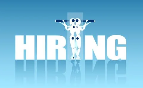 Vector of a two robots recruiting candidates for job openings Stock Illustration