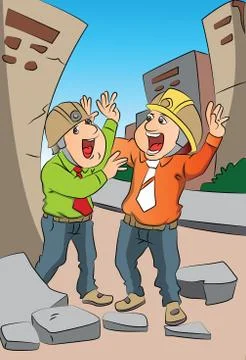 Vector of two scared engineers screaming at site. Stock Illustration