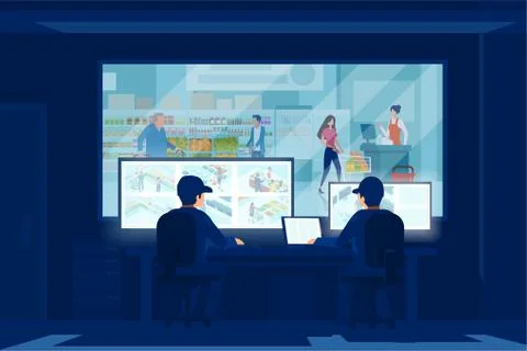 Vector of two security men looking at monitors of a surveillance cameras behi Stock Illustration