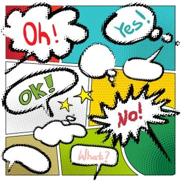 Vector typical comic book page with various speech bubbles Halftone Backgroun Stock Illustration