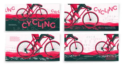 Vector typographic bicycle banners template set, with cyclist, grunge texture Stock Illustration