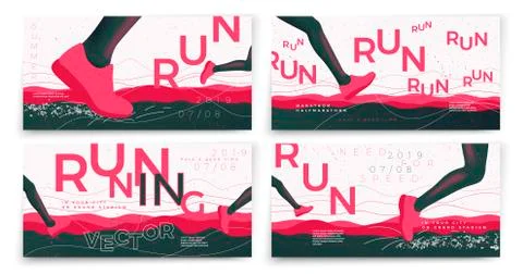 Vector typographic running banners template set, with legs, grunge textures Illustrazione stock