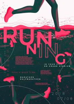 Vector typographic running poster template, with runners, grunge textures Stock Illustration