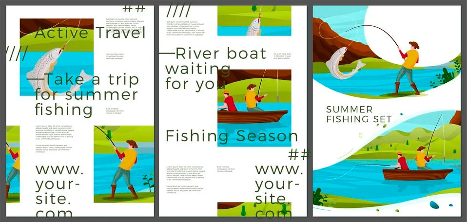 Vector typographic summer posters set - river fishing activities. Forests, trees Stock Illustration