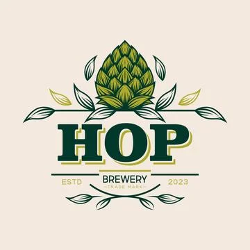 Vector Typography Design with Green Hand Drawn Cartoon Hop and Leaves. Emblem Ilustración de archivo
