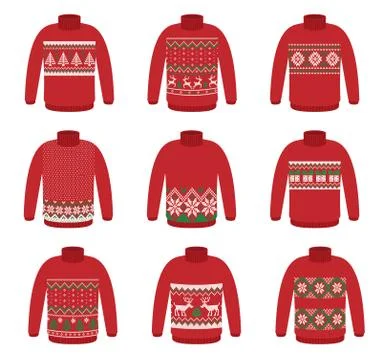 Vector ugly set sweaters for Christmas party. Knitted jumpers with winter pat Stock Illustration