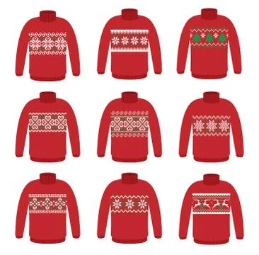 Vector ugly set sweaters for Christmas party. Knitted jumpers with winter pat Stock Illustration