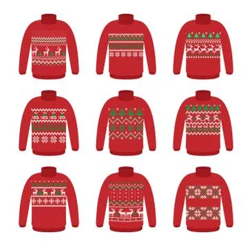 Vector ugly set sweaters for Christmas party. Knitted jumpers with winter pat Stock Illustration
