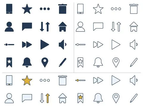 Vector UI icon set in three different styles. User interface symbols in doodl Illustrazione stock