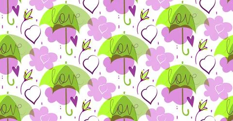 Vector umbrella, clouds seamless pattern, love concept, hand lettering text Stock Illustration