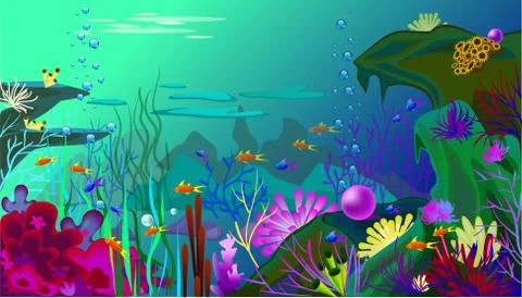 Vector Undersea world with fish. Different seaweeds and a big pearl Stock Illustration