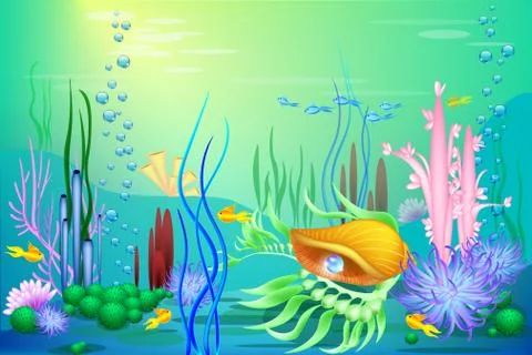 Vector Undersea world with a golden seashell and fish. Different seaweeds and a Stock Illustration