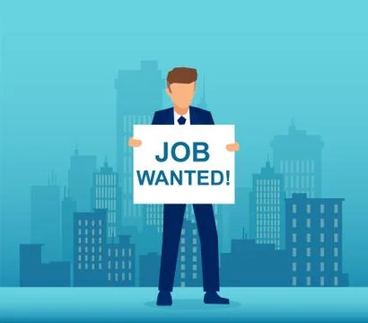 Vector of a unemployed man hand holding job wanted placard Stock Illustration