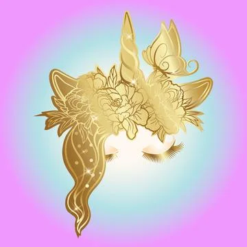 Vector unicorn face with closed eyes, butterfly and wreath of flowers. Stock Illustration