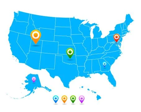 Vector United States (USA) map with pointers isolated Stock Illustration
