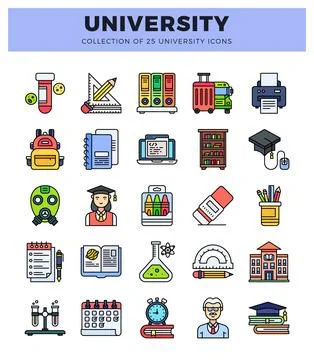 Vector university icons with diverse educational elements in a flat. colorf.. イラスト素材