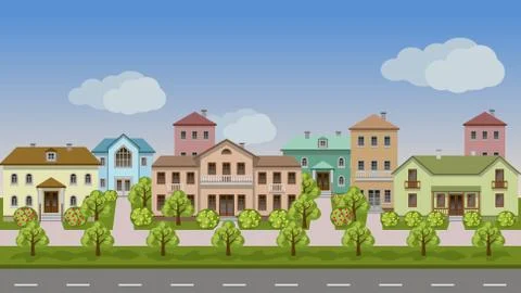 Vector urban landscape. Set of town houses along city street Stock Illustration