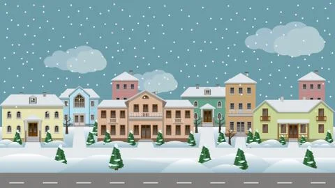 Vector urban landscape. Set of town houses along city street Stock Illustration