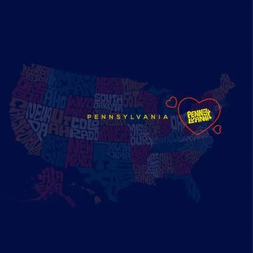 Vector of the US map with states names with creative lettering typography and a Stock Illustration