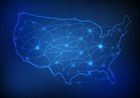 Vector : USA map with network line and grid blue background Stock Illustration