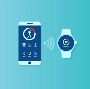 Vector of user interface for smartwatch and smartphone being synchronized Stock Illustration