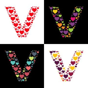 Vector V alphabet with various heart shape Illustrazione stock