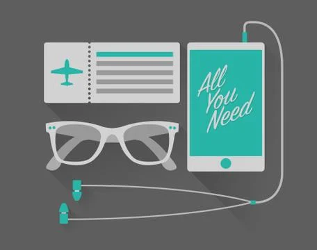 Vector vacation set of mobile phone with headphones, sunglasses, and airplane Stock Illustration