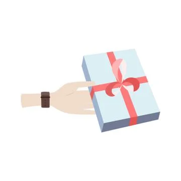 Vector valentine day greeting card in flat style - male hands holding a gift Stock Illustration