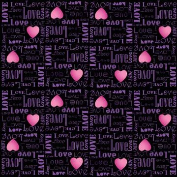 Vector valentine pattern with purple color love text on black background Stock Illustration