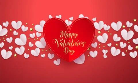 Vector Valentines background with romantic red paper cut heart pattern with g Stock Illustration