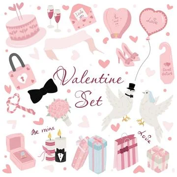 Vector Valentines Day element set with heart shape, flowers, air balloons etc Stock Illustration