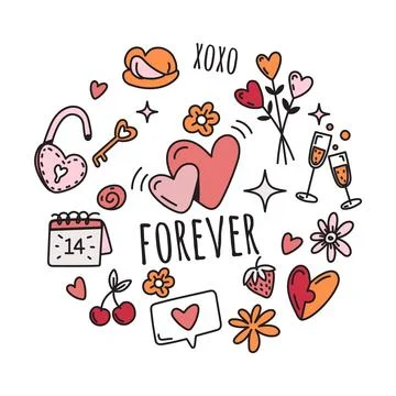 Vector valentines day elements in round composition in doodle style Stock Illustration